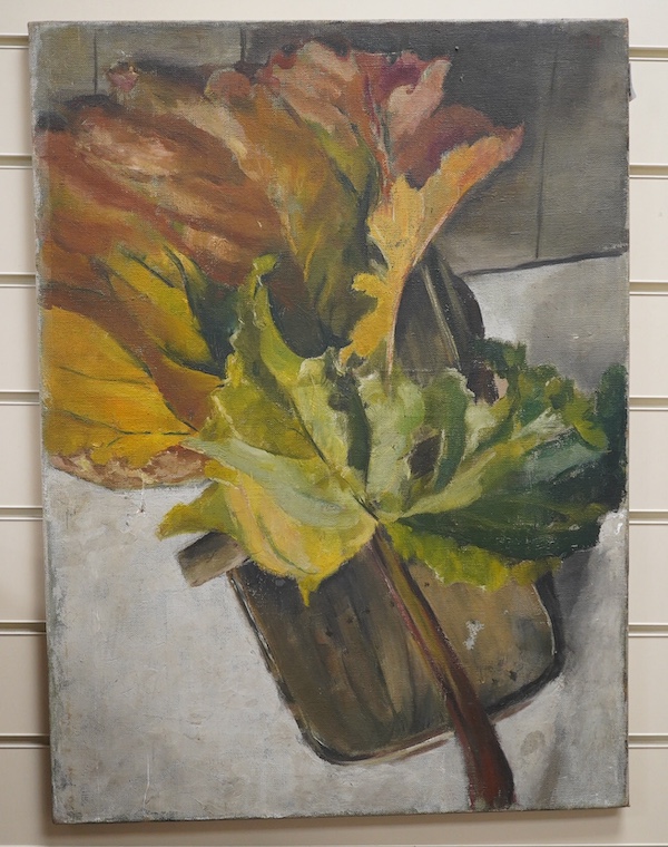 Modern British, oil on canvas, Still life of leaves, indistinctly monogrammed lower left, 67 x 50cm, unframed. Condition - fair